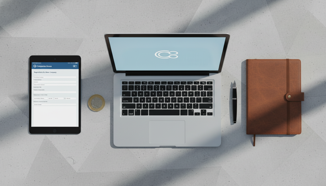 A professional, minimalist flat-lay of a modern workspace featuring a high-end laptop, a digital tablet showing a Companies House registration form, a British sterling coin, and a leather-bound notebook, representing the seamless blend of tradition and digital innovation in UK business.