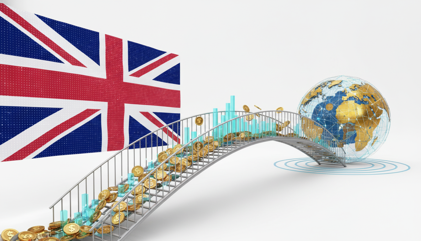 A conceptual 3D illustration of a bridge connecting the UK flag and a globe, with gold coins and financial charts flowing across it, representing stable cross-border wealth transfer, clean white background, professional aesthetic.