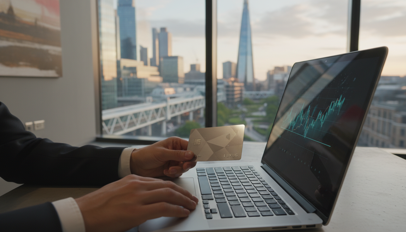 A high-resolution, professional photograph of a person's hands holding a sleek, premium metal credit card over a modern laptop, with the iconic architecture of London's Canary Wharf financial district visible through a window in the background.