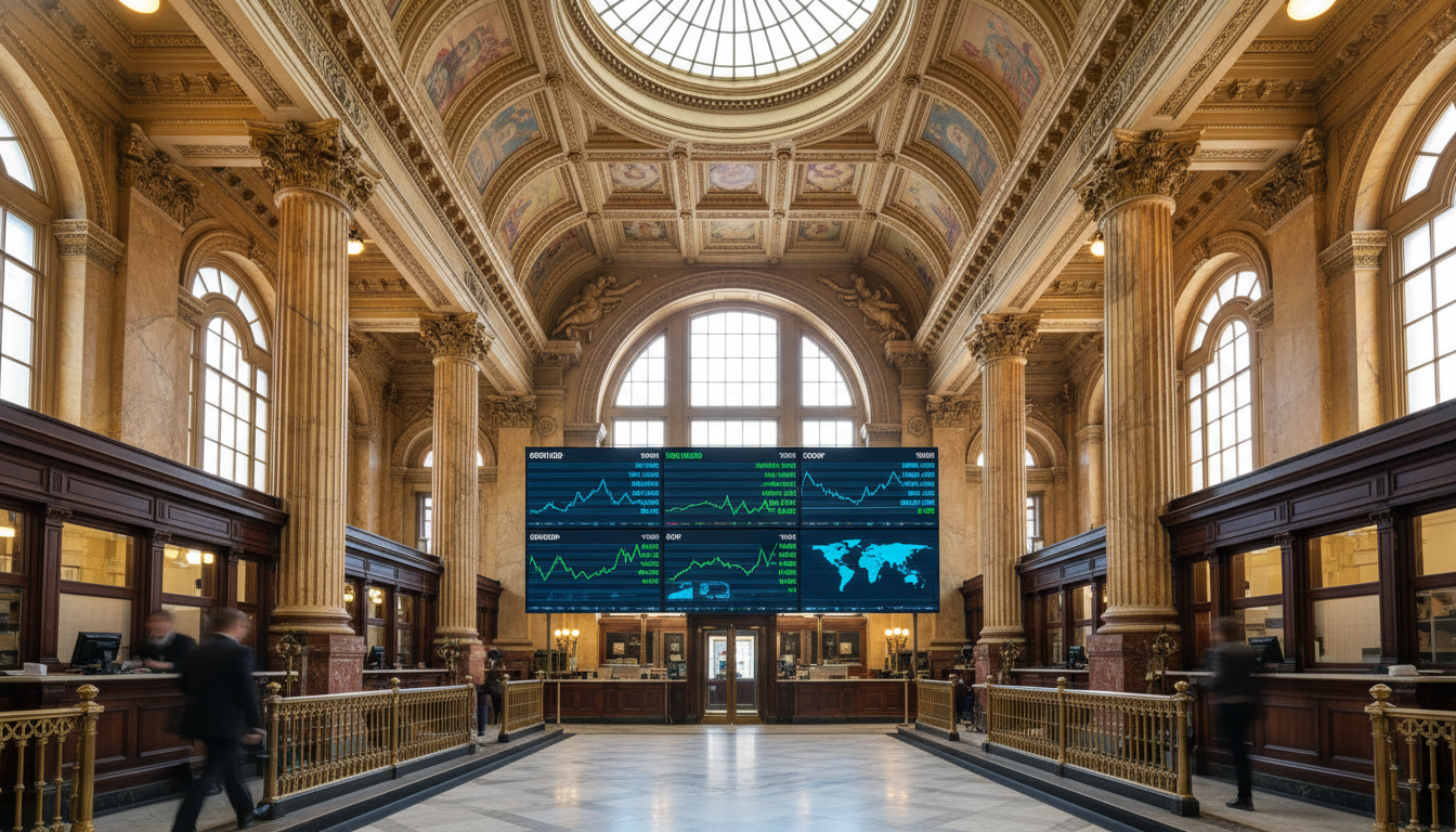 An artistic, wide-angle interior shot of a classic, ornate British bank branch with high ceilings and marble pillars, juxtaposed with a modern digital signage displaying fluctuating currency exchange rates.