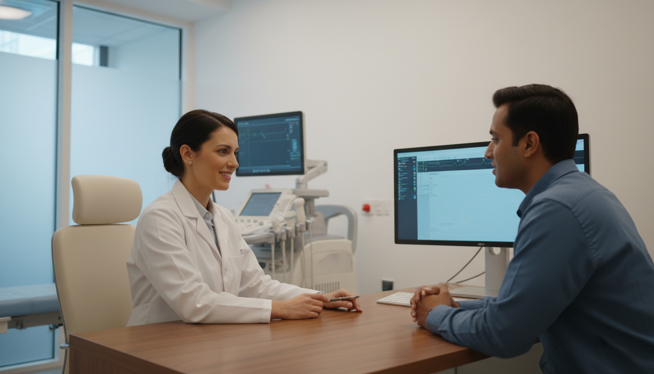 A professional medical setting in a modern UK clinic, showing a doctor consulting with an international patient, high-end medical equipment in the background, sharp focus, cinematic lighting, ultra-detailed 8k.