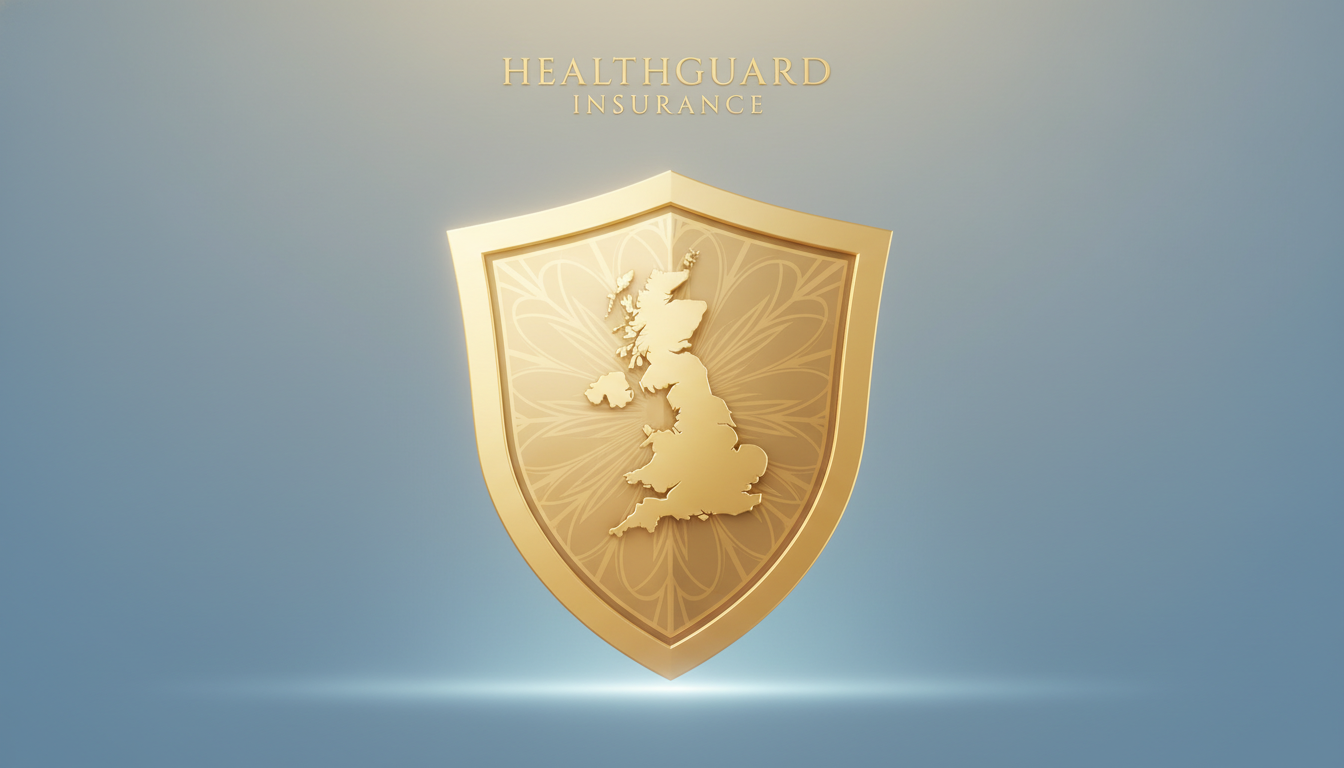 A conceptual illustration of a golden shield protecting a miniature silhouette of the United Kingdom, symbolizing health insurance security, architectural style, clean minimalist design, soft blue and gold tones.