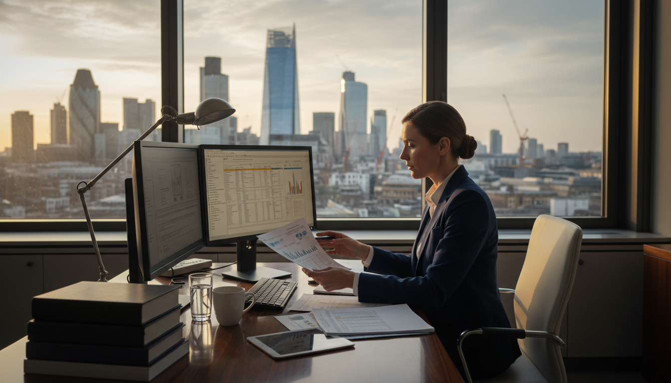 A professional tax consultant in a modern London office analyzing complex financial spreadsheets and UK tax legislation documents on a sleek desk with a view of the City skyline, cinematic lighting, high resolution, professional aesthetic.