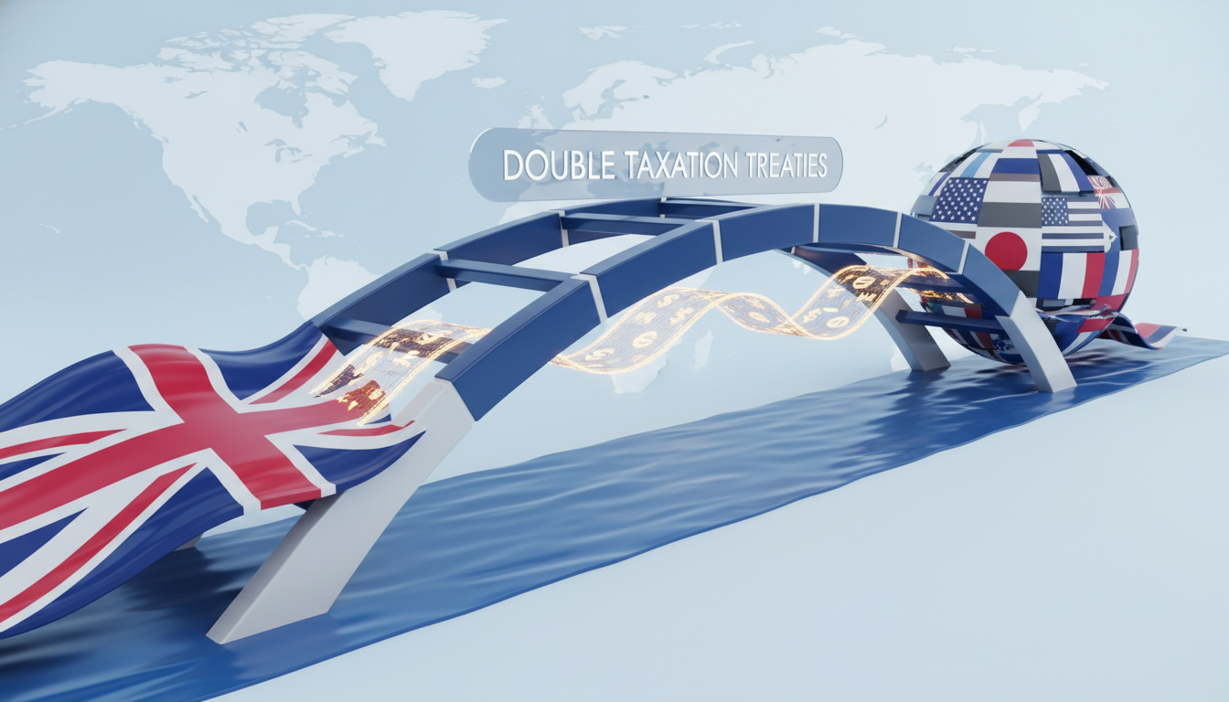 A conceptual 3D illustration of a bridge connecting two different national flags, symbolizing double taxation treaties and the seamless flow of international wealth between the UK and the world, minimalist professional style, corporate blue and white tones.