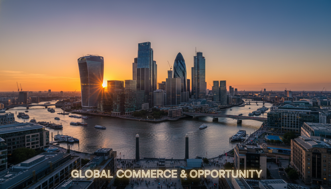 A wide-angle shot of London's Canary Wharf financial district at sunset, symbolizing global commerce and opportunity, high resolution, professional photography style.