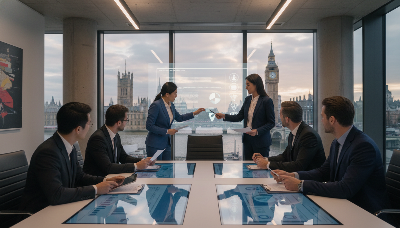 A diverse group of business professionals in a sleek, modern London boardroom, reviewing documents with Big Ben visible through the window, representing collaboration and legal compliance.