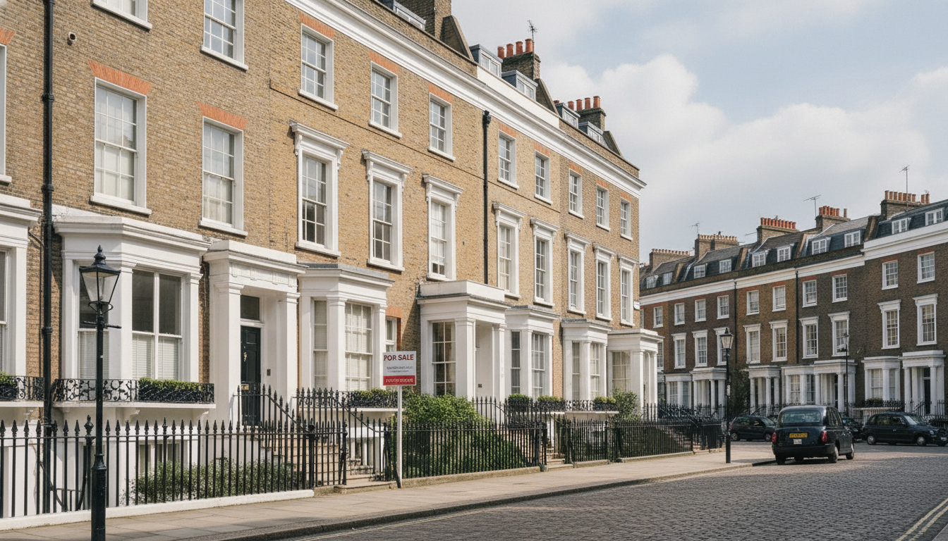 A professional architectural photograph of classic London terrace houses with a 'For Sale' sign, symbolizing the UK real estate market entry points.