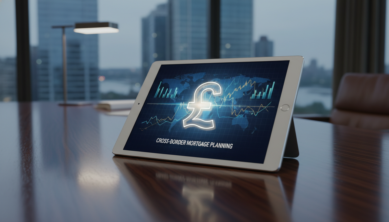 A high-end office setting with a digital tablet displaying complex global financial charts and a British pound sterling symbol, representing cross-border mortgage planning.