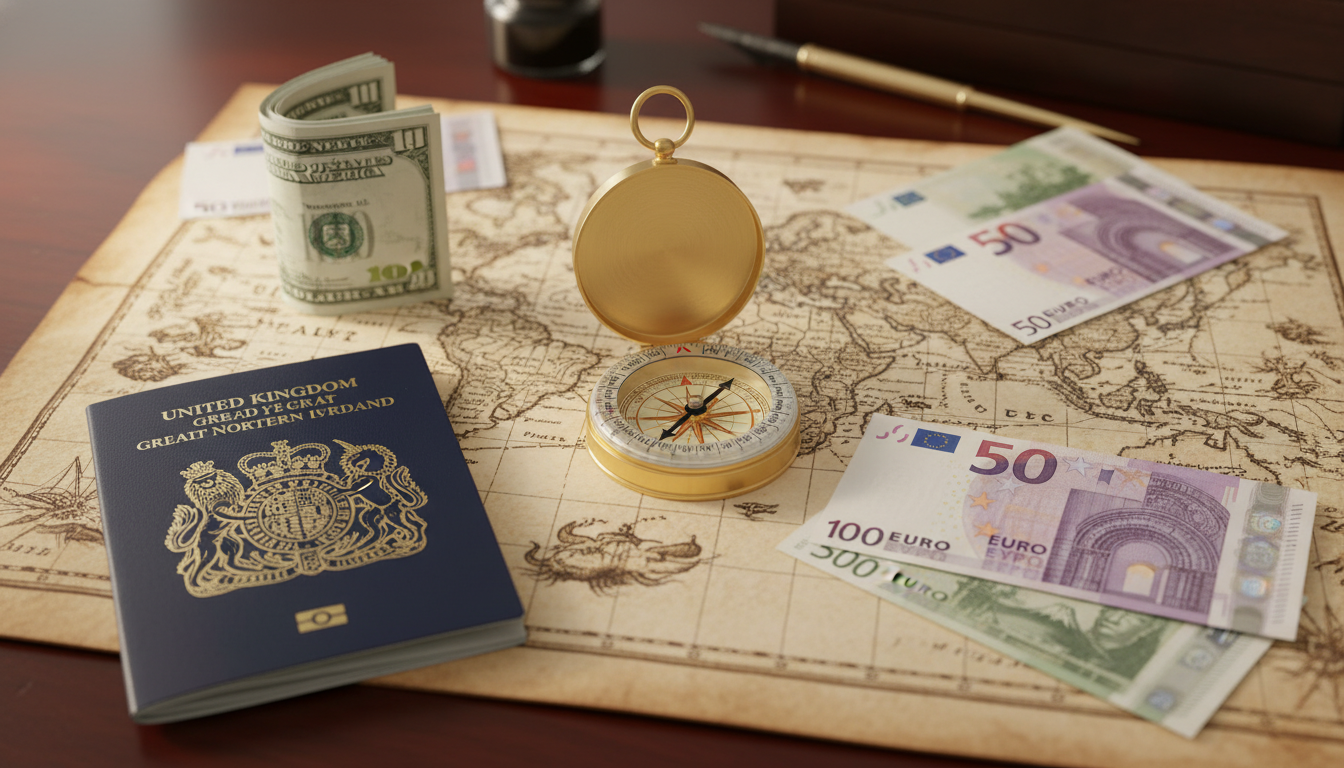 A high-resolution conceptual image of a golden compass resting on a map of the world, with a British passport and various international currency notes like Euros and Dollars nearby, symbolizing global financial navigation.