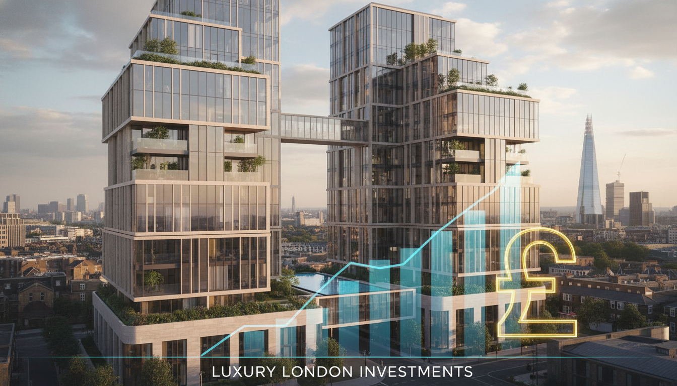 A modern architectural rendering of a luxury residential apartment complex in London, juxtaposed with a digital overlay of financial growth bar charts and a pound sterling symbol.